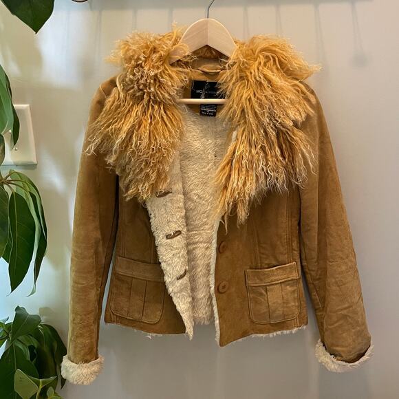 MODA International Vintage Suede Mongolian Fur Jacket Y2K Coat, XS, Excellent! - Picture 2 of 16